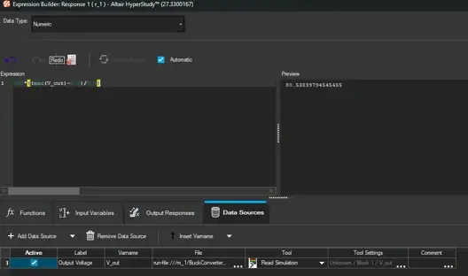 HyperStudy Expression Builder calculating percent overshoot from the maximum of the output voltage
