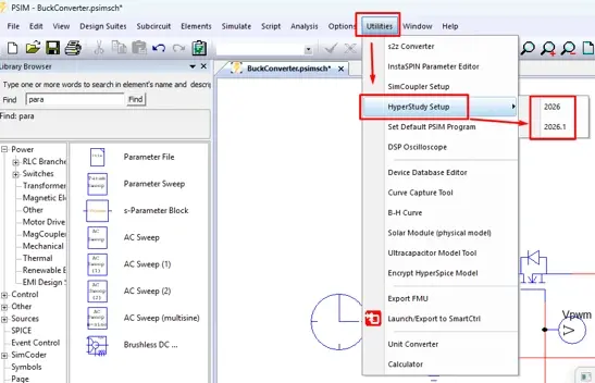 PSIM Utilities menu with HyperStudy Setup selected and HyperStudy version 2026.1 chosen