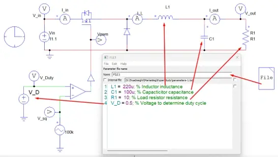 PSIM buck converter schematic linked to a parameter file that defines L1, C1, R1 and the duty cycle V_D