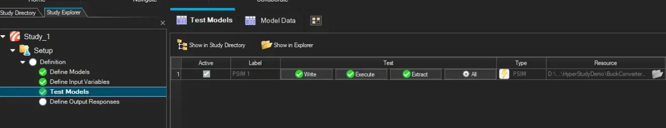 HyperStudy Test Models step with Write, Execute and Extract all passing for the PSIM model