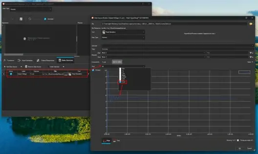 HyperStudy Data Source Builder selecting V_out to read the full PSIM output voltage waveform
