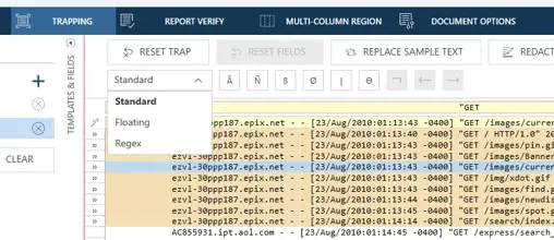 Monarch Trapping toolbar with the trap type menu open, listing Standard, Floating and Regex
