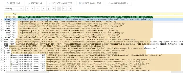 Monarch Floating Trap anchored on GET, with an oversized field that captures extra text after each request