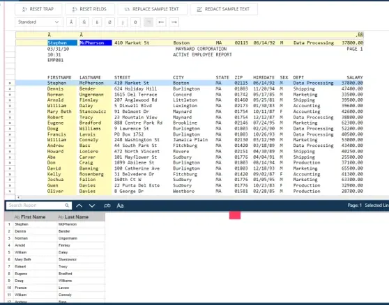 Monarch Standard Trap on a fixed-width employee report, extracting first and last names into a table