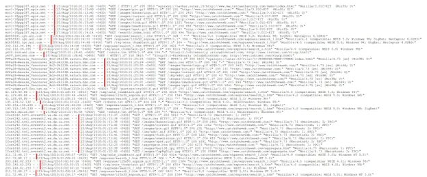 Web server log PDF with red lines showing the date fields start at a different column on each row