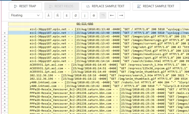 Monarch Floating Trap with a day/month/year date pattern matching every log line, wherever the date sits
