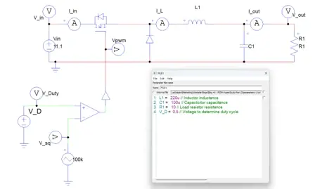 PSIM buck converter schematic with probes and a parameter file setting the inductance, capacitance, load and duty cycle