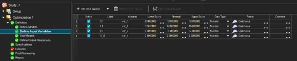 HyperStudy input variable table with lower, nominal and upper bounds for C1, L1, R1 and the duty cycle V_D