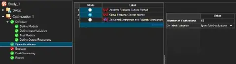 HyperStudy Specifications step set to Global Response Search with 50 evaluations and failed runs ignored
