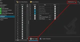 HyperStudy Evaluate step with the Multi-Execution setting for parallel runs and the Run Tasks button highlighted