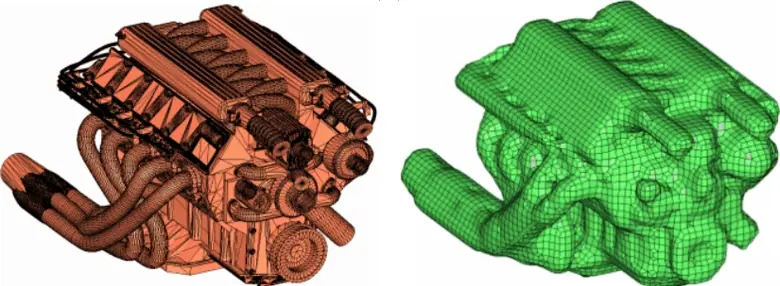 Engine model in HyperMesh: imported STL with broken geometry (left) and the clean shrink wrap mesh (right)