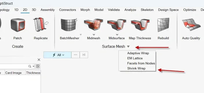 HyperMesh 2D ribbon with the Surface Mesh menu open and Shrink Wrap selected