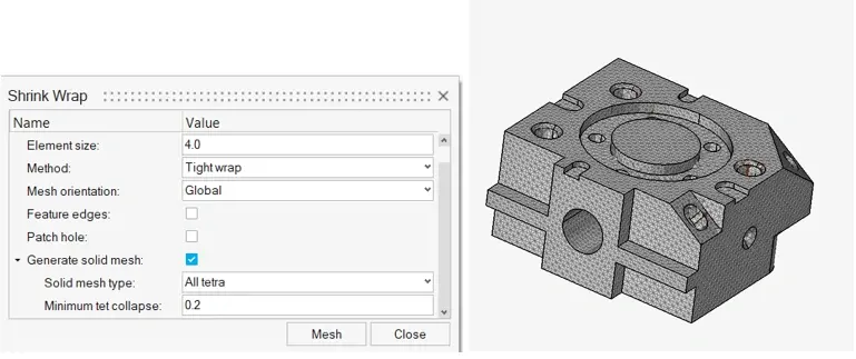 HyperMesh Shrink Wrap settings with a 4 mm tight wrap and solid mesh enabled, beside the meshed block part