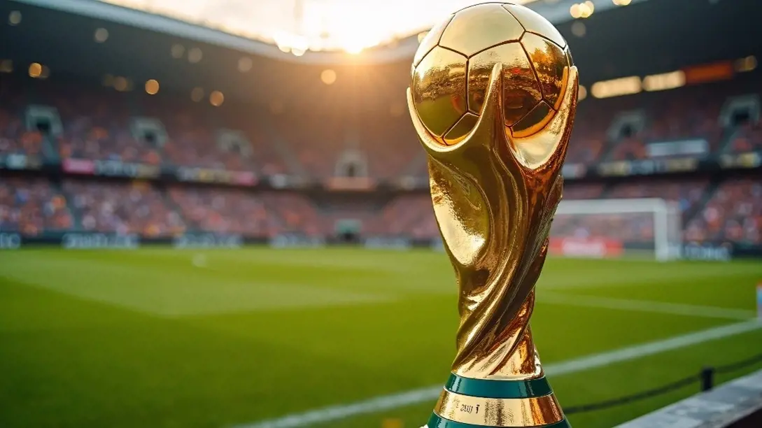 World Cup trophy on display in front of a stadium pitch and packed stands