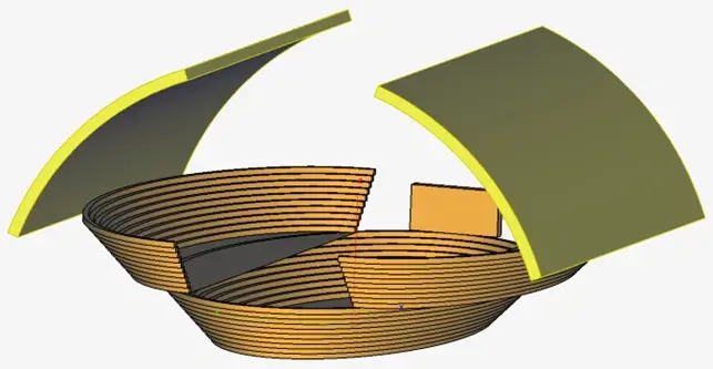 Complete parametric Feko stadium with two curved dome roof panels over the seating bowls