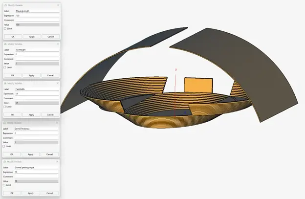 Feko stadium regenerated after editing five variables, with a reshaped bowl and thinner, more open dome panels