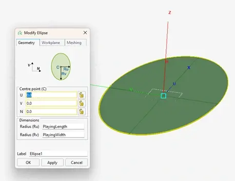 Feko Modify Ellipse dialog with radii set by PlayingLength and PlayingWidth, creating the elliptical pitch