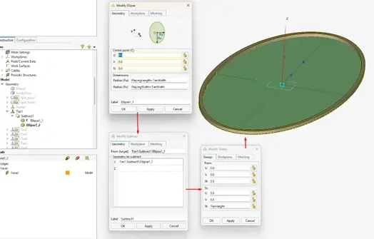 Feko steps for the first tier: duplicate the ellipse, enlarge it by TierWidth, subtract, then sweep the ring