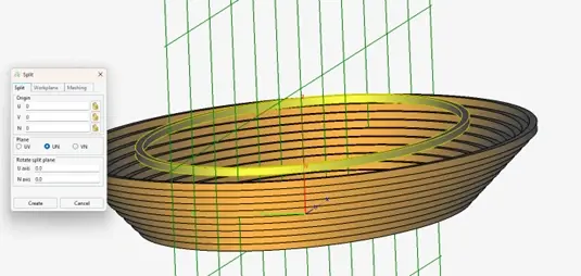 Feko Split dialog cutting the first upper-bowl tier into sections with vertical planes