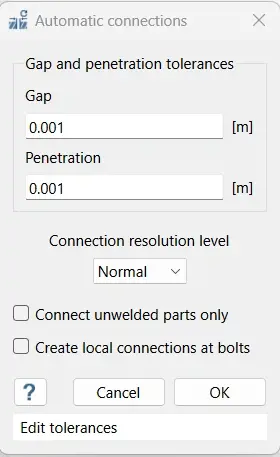 SimSolid Automatic connections dialog with gap and penetration tolerances of 0.001 m and Normal resolution