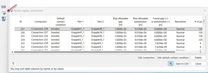 SimSolid Review regular connections table listing bonded parts with allowable gap, penetration and found gap