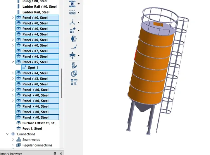 SimSolid model of a steel silo and ladder, with steel assigned to each panel in the part list