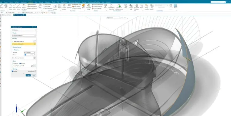 Siemens NX Section Surface dialog building a freeform surface on a translucent product shell