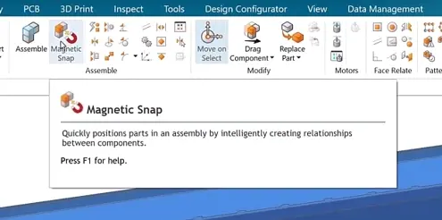 Solid Edge Assemble ribbon with the Magnetic Snap tooltip: it positions parts by creating relationships automatically