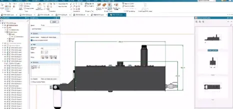 Solid Edge 3D PDF export options listing section views beside a dimensioned side view of an equipment assembly
