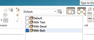 Solid Edge display configurations Default, With Text, With Decal and With Etch, with With Etch active