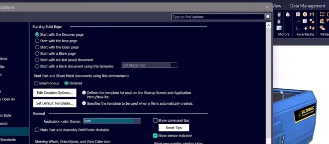 Solid Edge Options dialog with the application color theme set to Dark