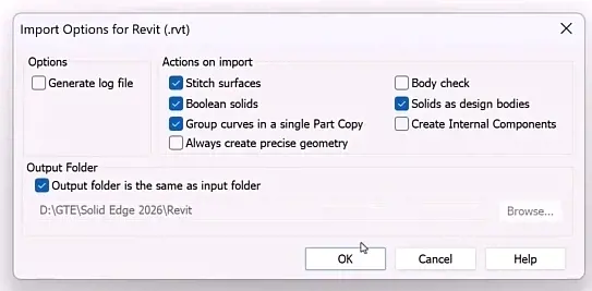 Solid Edge Import Options for Revit dialog with stitch surfaces, Boolean solids and output folder settings
