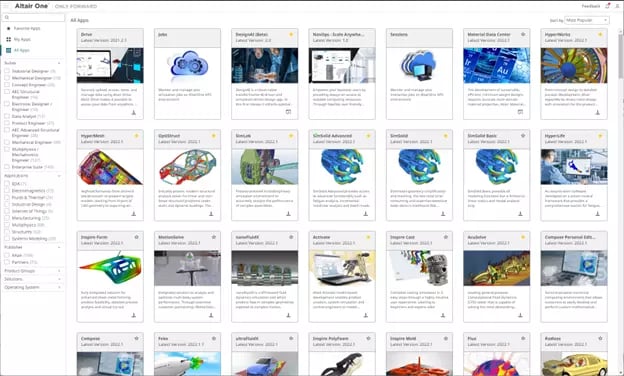 Altair One Marketplace home screen with a grid of app tiles such as HyperWorks, HyperMesh, OptiStruct and SimSolid
