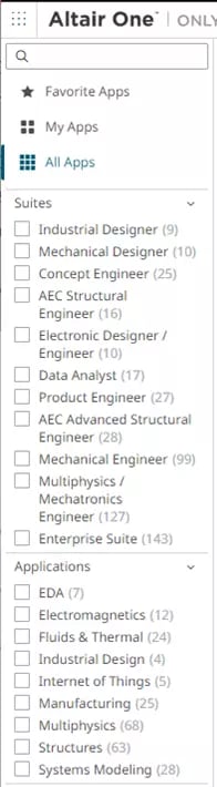Altair One Marketplace filter panel listing Suites by job role and Applications by discipline