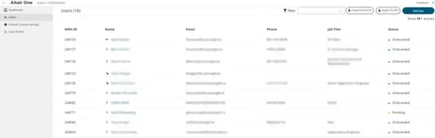 Altair One Users tab listing account members and their status, with personal details blurred