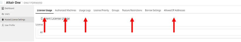 Altair One Hosted License Settings tabs for administrators: License Usage, Authorized Machines, Usage Logs and more