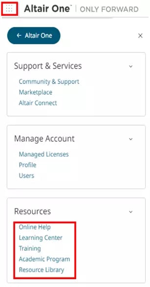 Altair One flyout menu with the Resources links highlighted: Online Help, Learning Center, Training and more